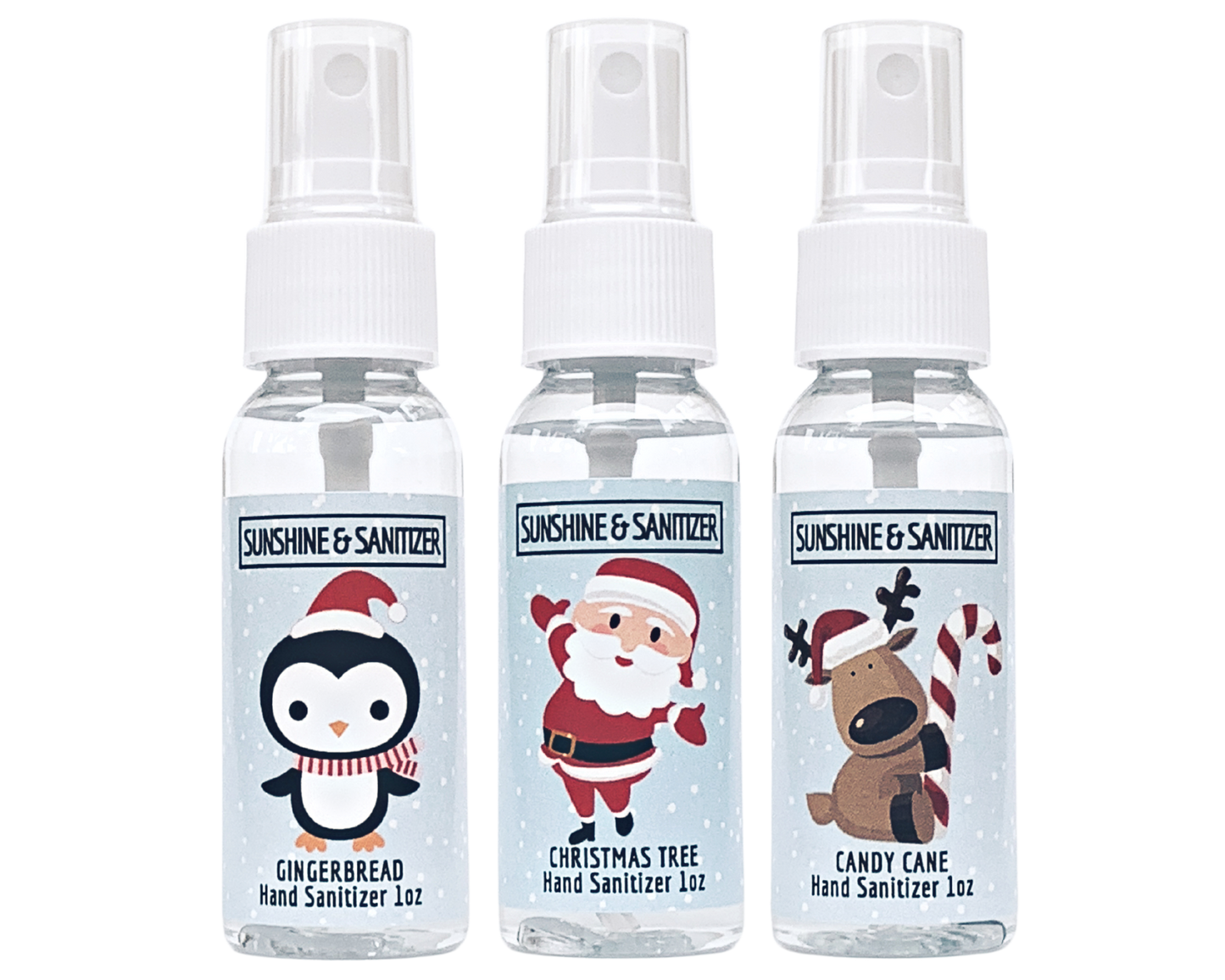 Christmas Hand Sanitizer 3 Pack: Christmas Tree, Gingerbread, Candy Cane - with Aloe & Essential Oils by Sunshine & Sanitizer