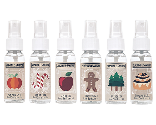 Seasonal Hand Sanitizer 6 Pack: Pumpkin Spice, Apple Pie, Gingerbread, Candy Cane, Cinnamon Roll, Evergreen - with Aloe & Essential Oils by Sunshine & Sanitizer