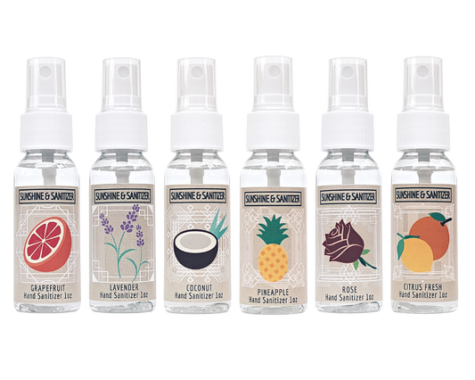Hand Sanitizer 6 Pack: Coconut, Pineapple, Citrus Fresh, Grapefruit, Lavender, Rose  - with Aloe & Essential Oils by Sunshine & Sanitizer