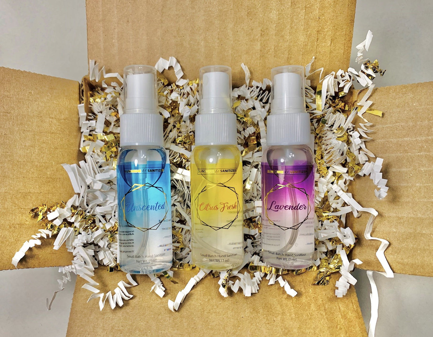 Hand Sanitizer with Aloe & Essential Oils by Sunshine & Sanitizer - Gift Box Set: Lavender, Citrus Fresh, Unscented